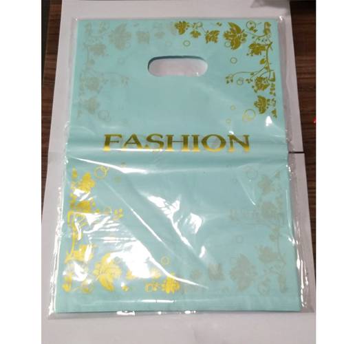 50pcs 25*35cm Gold Flowers Design Blue Plastic Gift Bag Clothing Boutique Packaging Bags Big Plastic Shopping Bags With Handles