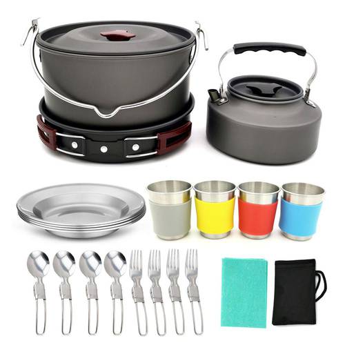 22pcs/set Camping Cookware Mess Kit, Large Size Hanging Pot Pan Kettle with Base Cook Set for Outdoor Camping Hiking and Picnic