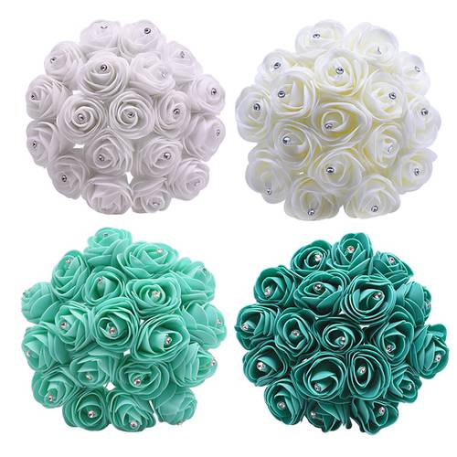 10pcs 5cm PE Foam Roses Bling Diamond Artificial Flowers DIY Bridal Bonquet Teal Flower Wedding Decoration Handmade Wreath Craft