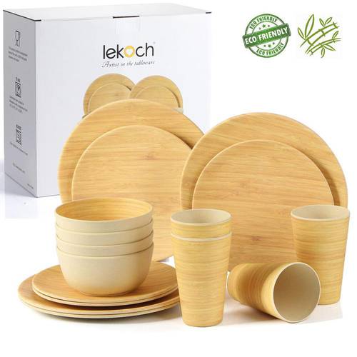 LEKOCH Bamboo Fiber 16 PCS Tableware Set Bamboo pattern Plate Bamboo Powder Fiber dinnerware Plate Bowl Cup Set for Party