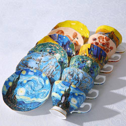 6-Set Coffee Mugs With Saucer Spoon The Starry Night, Sunflowers, The Sower, Irises Saint-Remy Flower Tea Cups Water Bottle