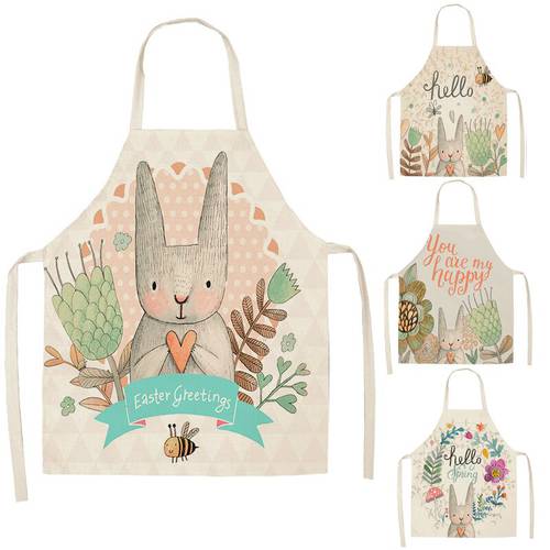 1 Pcs Lovely Cartoon Rabbit Printed Kitchen Aprons for Women Kids Sleeveless Cotton Linen Cooking Cleaning Tools