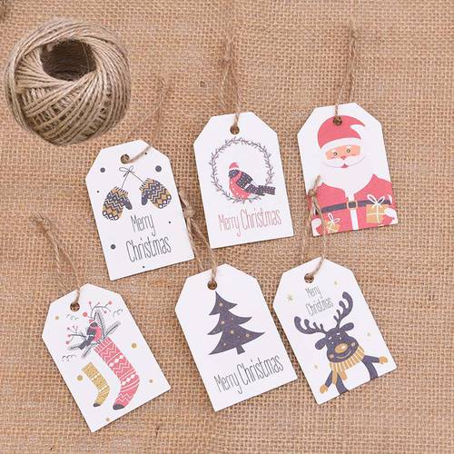 50pcs Christmas Kraft Paper Tags With Hemp Rope Handmade DIY Crafts Hang Label New Year Xmas Party Decor Gifts Wrapping Supplies