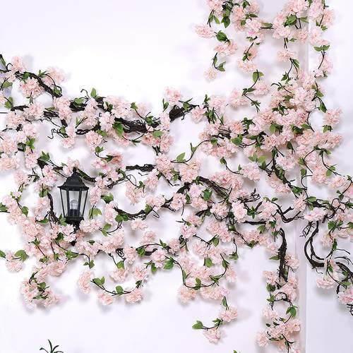170cm Artificial Cherry Blossom Branches Silk Vertical Wall Vines Romantic Flowers for Wedding Room Decor Rattan Hanging Garland