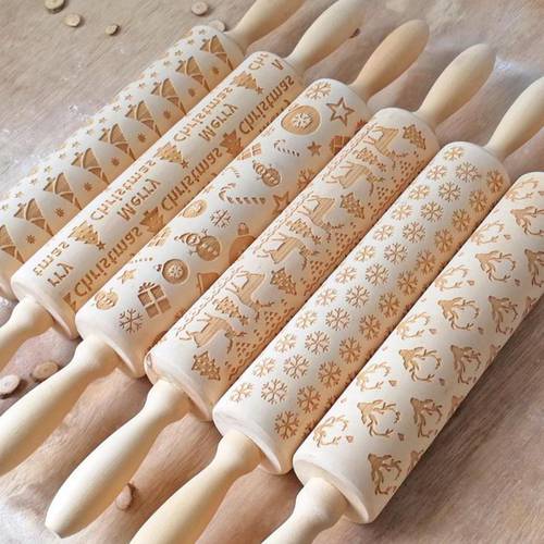 Wooden Christmas Embossing Rolling Pin Dough Rolling Pin Baking Pastry Tool Cake Dough Patterned Roller Snowflake Kitchen Gadget
