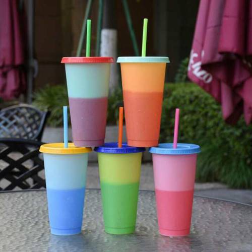 710ML Reusable Color Changing Cold Cups Plastic Colorful Cold Water Color Changing Coffee Cup Mug Water Bottles With Straws 1PC
