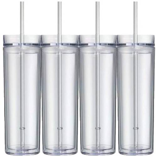 4Pack Skinny Acrylic Tumblers With Lid And Straw, 16oz Double Wall Clear Plastic Tumblers ,Clear Reusable Acrylic Cup With Straw