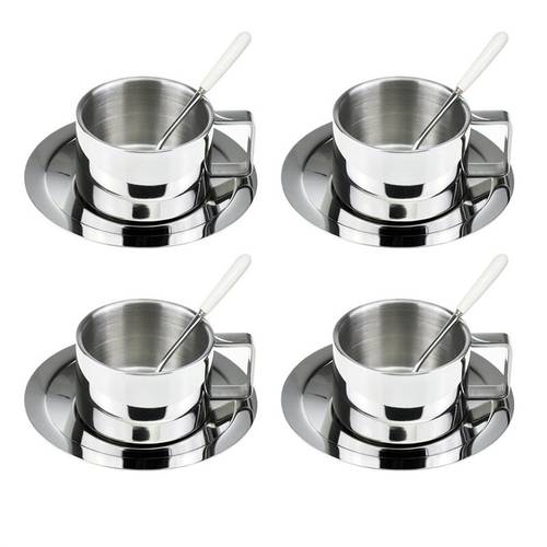 Insulated Espresso Coffee Cup Stainless Steel Double Walled Cups Latte Cappuccino Tea Cup Saucer and Spoon 200ml/6oz Set of 4