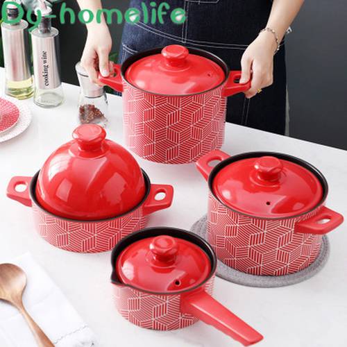 Ceramic Earthenware Pot More Sizes Black Red Geometric Striped Household Kitchenware Dual-Sided Stockpot Single Handle Milk Pot
