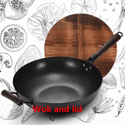 Pan Iron Pot 30 to 34 cm Hand Forged Iron Wok Non stick Pan Uncoated Wok wild wooden lid Gas Cooker Home Kitchen Pots Wok Pans