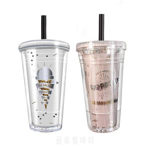 Milk with Dome Lids Double Wall Plastic Drink Cups With Straw Reusable White Pink Water Bottle Fruit Cup