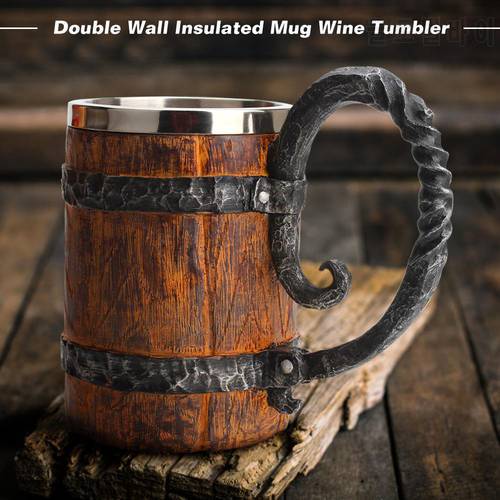 500/600ml Viking Wood style Beer Mug Christmas Gift Simulation Wooden Barrel Beer Cup Double Wall Drinking Mug Metal Insulated