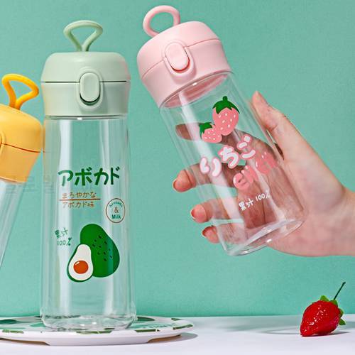 Cute water cup fruit pattern bullet cover plastic transparent cup simple and fresh student couple outdoor portable water bottle