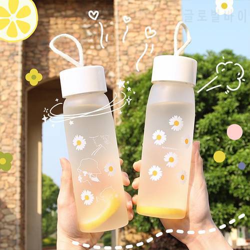 Ins Simple Fashion Small Daisy Water Bottles Summer Portable Leakproof Frosted Glass Cup Cute Water Bottle For Girls With Rope