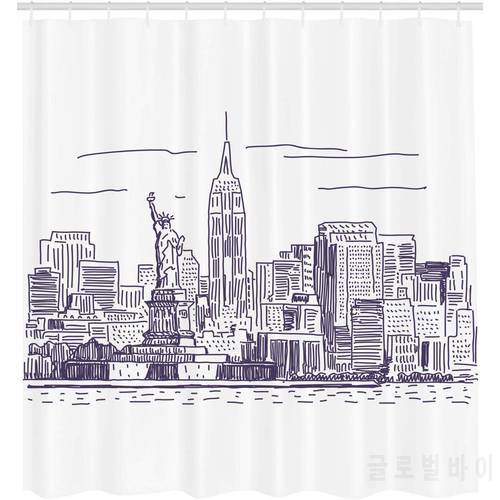 New York Shower Curtain Sketchy Simple View of NYC of Liberty Freedom Ellis Island Print Cloth Fabric Bathroom Decor Set with