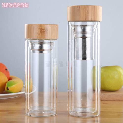 350ml 450ml Dink Tea with Infuser Bamboo Lid Double Wall Bottle for Glass Water Bottles for Water Brief Portable Outdoor Cup