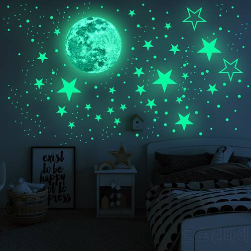 30cm Moon 435pcs Stars Dots Green Luminous Wall Sticker Children Room Ceiling Stairs Decoration Fluorescent Mural Decals