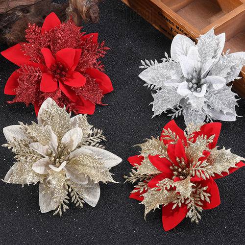 5pcs Artificial Christmas Flowers Glitter Fake Flowers Christmas Tree Ornaments Merry Christmas Decorations for Home New Year