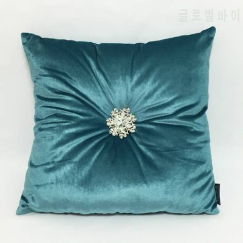 DUNXDECO Pillow Square Velvet Cushion Luxury Soft Solid Color Blue Ivory Wine Rhinestone Buckle Coussin Sofa Seat Cushion