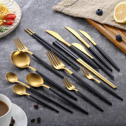 Matte Black Gold 18/10 Stainless Steel Cutlery Tableware Knife Coffee Spoon Salad Fork Chopsticks Flatware Set Dishwasher Safe