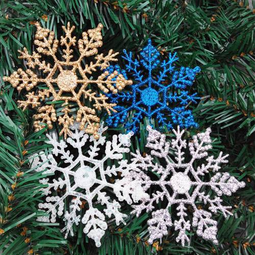 12pcs 10cm Gold Powder Plastic Snowflake Frozen Party Supplies Winter Decor Ornaments Christmas Tree Decorations for Home Snow