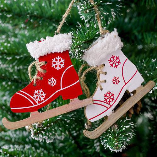 New Wooden Skate Shaped with Bell Christmas Hanging Ornament Christmas Tree Decoration Red White Snowflake Kids Gifts New Year