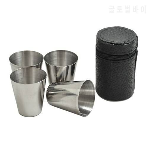 UPORS 4Pcs/Set Stainless Steel Shot Glass Portable 1/2/2.5/6 OZ Wine Cup with Leather Case Mini Pocket Flask Alcohol Cup Bar Set