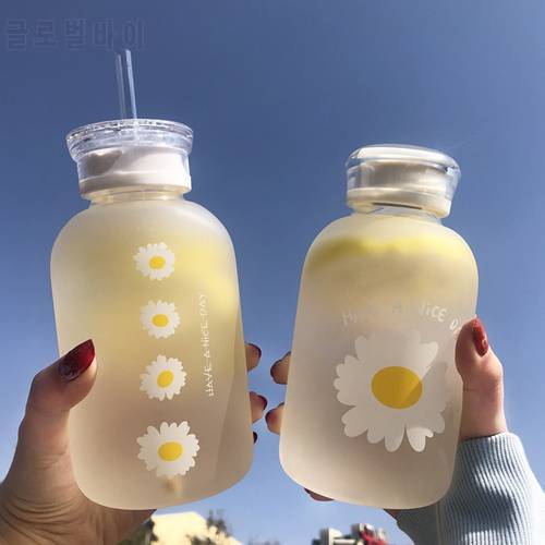 480ml Flower Daisy Milk Juice Cute Water Bottle Frosted Glass Bottle with Straw Kawaii Drinking Bottles with Scale 2 Lids