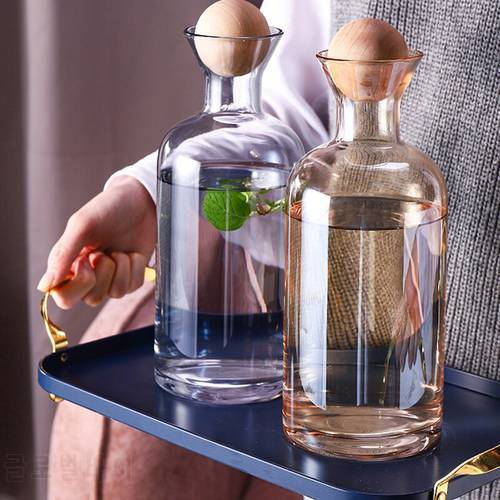 Nordic Style Glass Carafe Water Pitcher with Wood Lid Cold Drinks Tea Jug Waterkoker Household Drinkware Clear Water Bottle