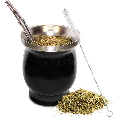 Yerba Mate Natural Gourd/Tea Cup Set 8 Ounces Bombillas Yerba Mate Straw,Cleaning Brush,Stainless Steel,Double-Walled,Easy Clean