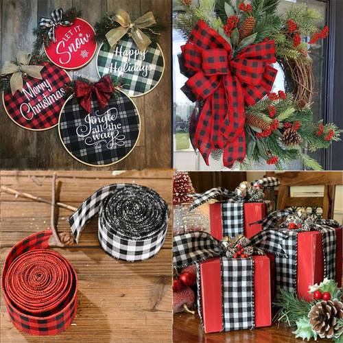Red Black Plaid Ribbons Grosgrain Linen Ribbon Christmas Tree Decoration Bow Xmas Gift Wrapping Christmas Ornaments DIY Navidad