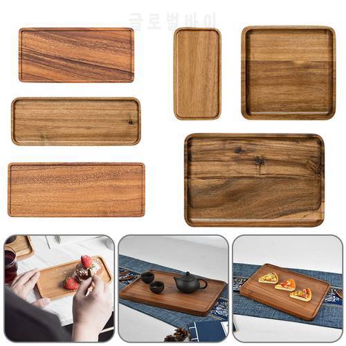 1Pcs Acacia Wood Serving Tray Square Rectangle Breakfast Sushi Snack Bread Dessert Cake Plate With Easy Carry Grooved Handle New