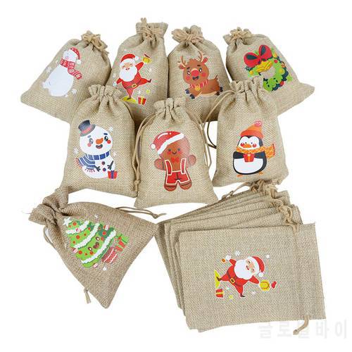 5pcs Christmas Linen Burlap Bag Cute Santa Elk Tree Drawstring Gift Bags Christmas New Year Candy Treat Gifts Packaging Pouches
