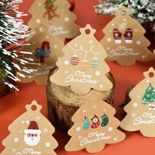 48-96Pcs Xmas Tree Shape Kraft Paper Label Gift Wrapping Hang Tags Candy Package Hangtag Merry Christmas Party Decoration