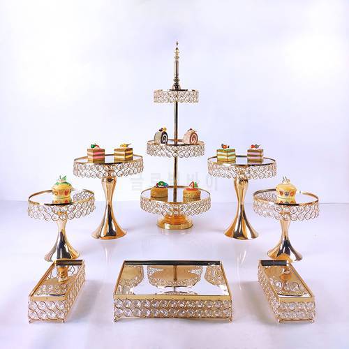Gold 8pcs Electroplate Metal Crystal Cake Stand Set Display Wedding Birthday Party Dessert Cupcake Plate Rack