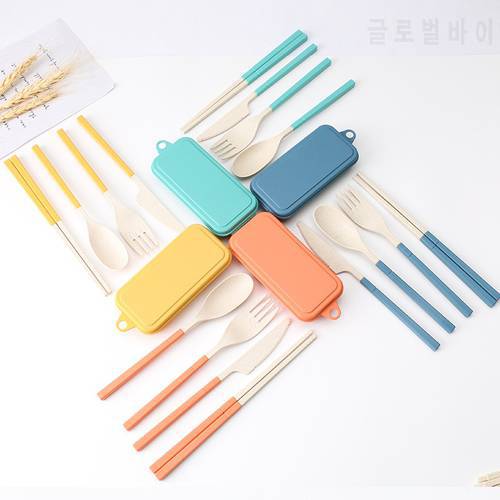 4PCS/Set Wheat Straw Cutlery Spoon Fork Chopsticks Foldable Safe Tableware With Box Dinnerware Portable Kitchen Accessories