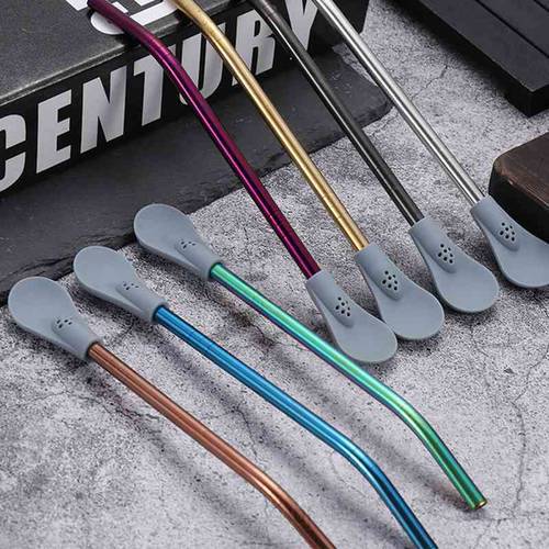 Removable Drinking Straw Spoon Stainless Steel Silicone Straw Reusable Sucker Spoon Filter Bar Hotel Drinking Supplies