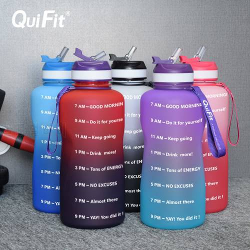 Quifit Water Bottle 2L/3.8L with Straw Hat, Timestamp Trigger, BPA Free. Suitable for fitness and home gallon water bottles