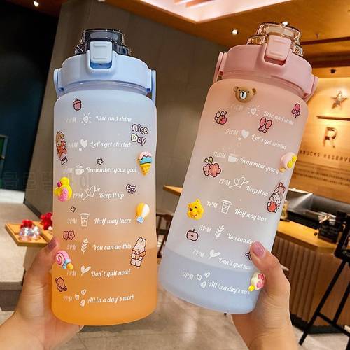 2L Large Capacity Water Bottle With Bounce Cover Time Scale Reminder Frosted Leakproof Cup For Outdoor Sports Fitness