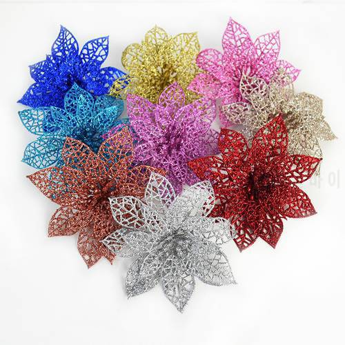 5pcs Glitter Artificial Christmas Flowers Christmas Tree Decoration For Home Fake Flowers Xmas Ornament New Year Party Decor