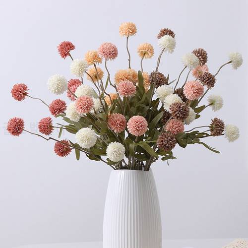 5 Head Silk Dandelion Flower Ball Pompom Artificial Flowers Branch With Green Leaves For Home Wedding Decorations Fake Flowers
