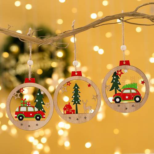 New Year Wooden Ball Car Christmas Ornaments Xmas Elk Tree Pendant Nature Wood Noel Christmas Decoration for Home Navidad 2022