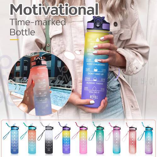 32oz Motivational Water Bottle with Time Marker,Leakproof Sports Water Bottle BPA Free,Fruit Water Bottle Sports 1 Liter