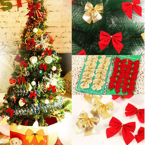 12pcs Red Christmas Bows Hanging Decorations Gold Silver Bowknot Gift Christmas Tree Ornaments Xmas Party Decor New Year 2022