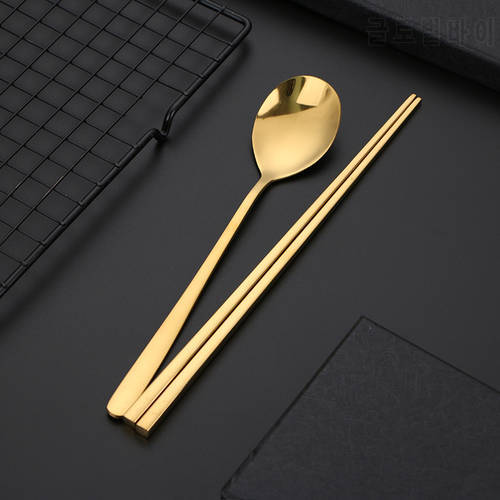 Korean Stainless Steel Food Chopsticks Spoon Set Long Handle Non-slip Chopsticks Dessert Spoons Dinnerware Set