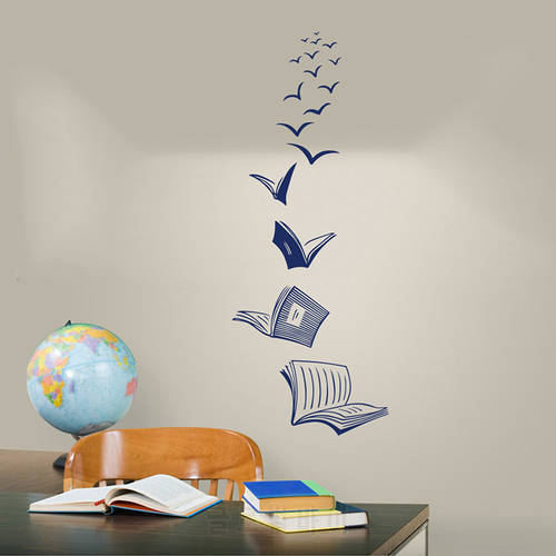 Open Books Fly Birds Wall Vinyl Stickers Reading Library Classroom Posters Study Wall Decal School Bedroom Home Decoration P978