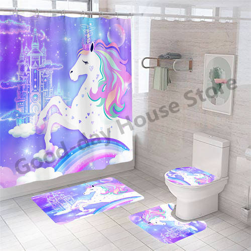Unicorn Bath Curtain Bathroom Set for Girl Home Decoration Toilet Lid Cover Carpet Waterproof Fabric Washable Rideau De Bain