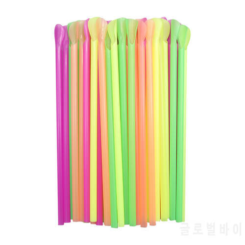 100pcs Plastic Drinking Straws Spoon Colorful Disposable Tea Tools Straw Eco Friendly Washable Bar Accessory Kitchen Supplies