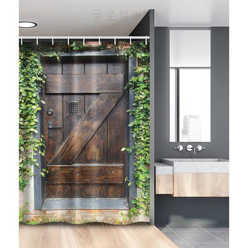 Rustic Shower Curtains Small Spanish Style Dark Stained Wood Door Secret Garden with Grated Window Bathroom Decor Set with Hooks