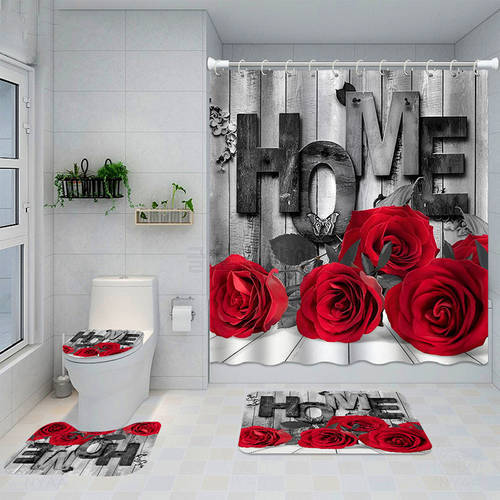 3D Flower Waterproof Fabric Shower Curtain Non-slip Floor Mat Sets Bathroom Set with Shower Curtain and Rugs Bathroom Decor